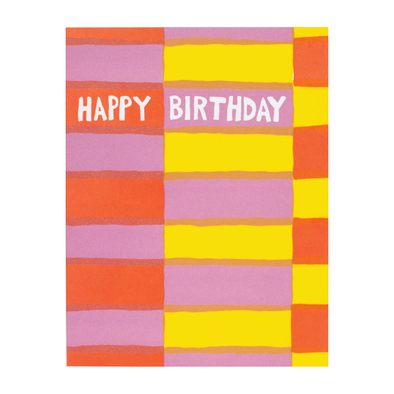 lavender, yellow, and red color blocks with the handwritten text HAPPY BIRTHDAY