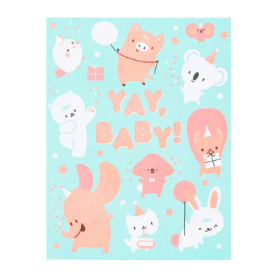 Pastel mint and peach card with celebrating animals in party hats around the text YAY, BABY!