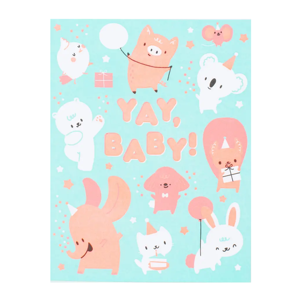 Pastel mint and peach card with celebrating animals in party hats around the text YAY, BABY!