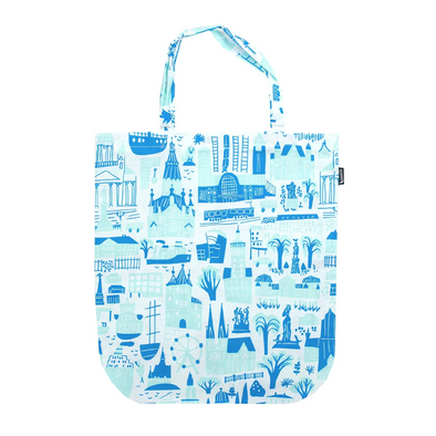 tote bag with two-tone blue pattern of drawn Helsinki landmarks