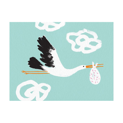 Stork holding a bundle flying on a light blue background with abstract clouds.