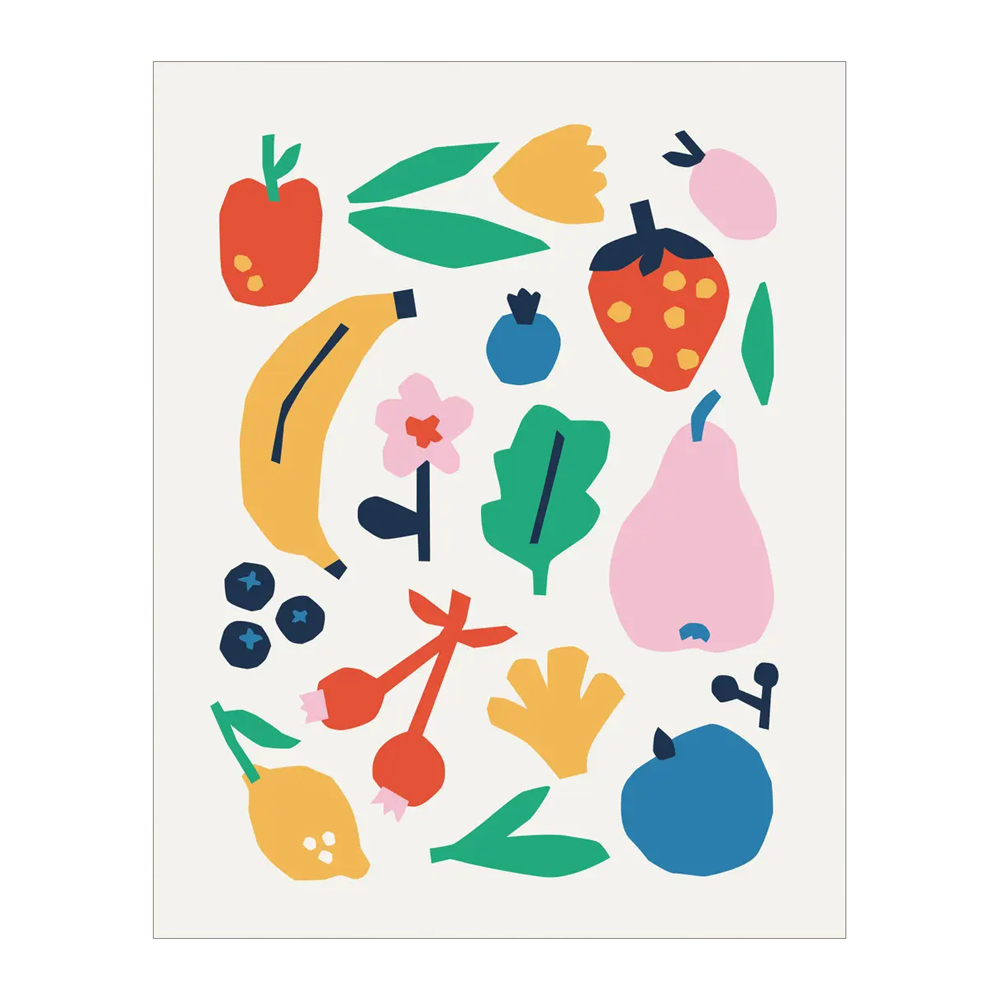Colorful mix of fruits, berries, flowers, and leaves.