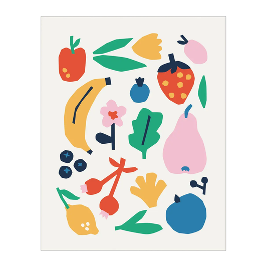 Colorful mix of fruits, berries, flowers, and leaves.