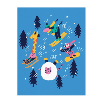 Animals having fun sledding, skiing, snowboarding, and rolling downhill.