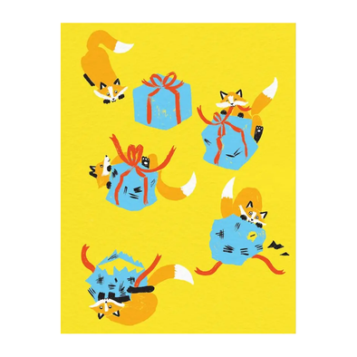 Yellow background with 5 different stages of a fox pouncing on and tearing open a gift.