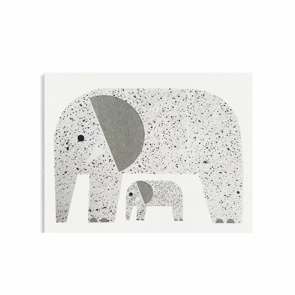 Simple image of elephant with black speckle coloring and gray ears shown in profile with a smaller baby elephant underneath of the same design