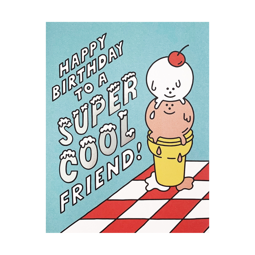 Birthday greeting with 2 scoops of melting ice cream in a cone smiling at each other