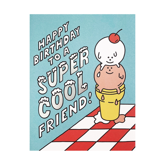 Birthday greeting with 2 scoops of melting ice cream in a cone smiling at each other