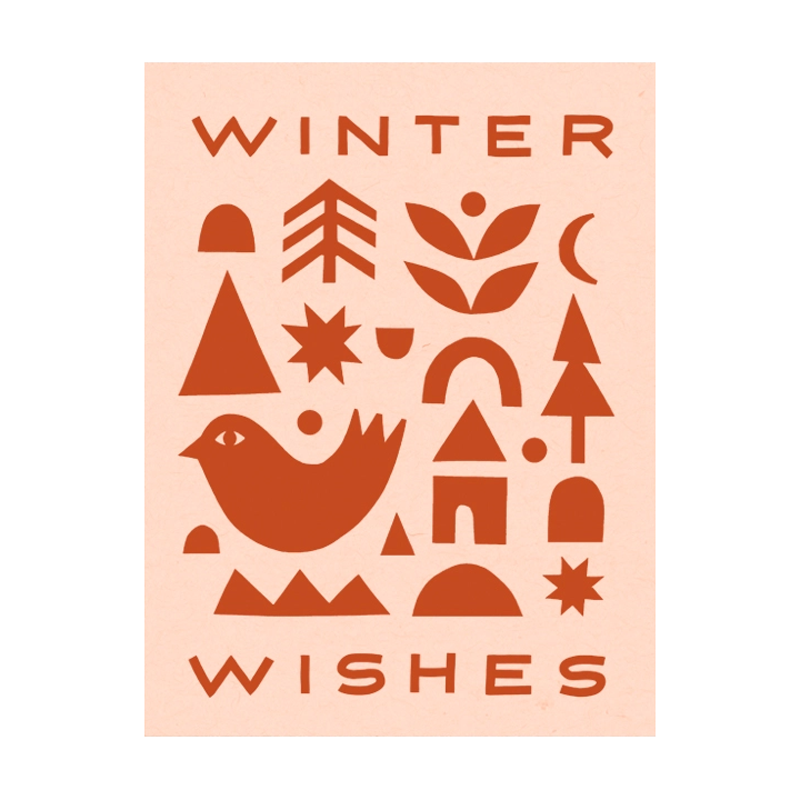 Pink and red card with nature folk drawings and the words WINTER WISHES