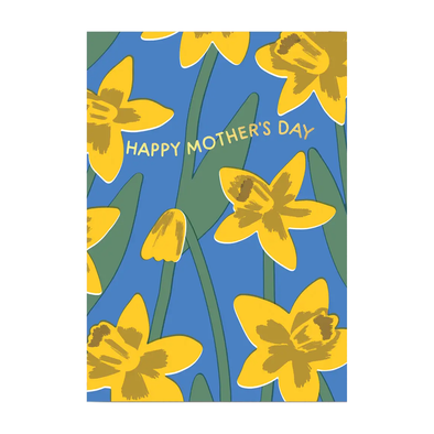 yellow daffodils on blue background with gold foil HAPPY MOTHER'S DAY