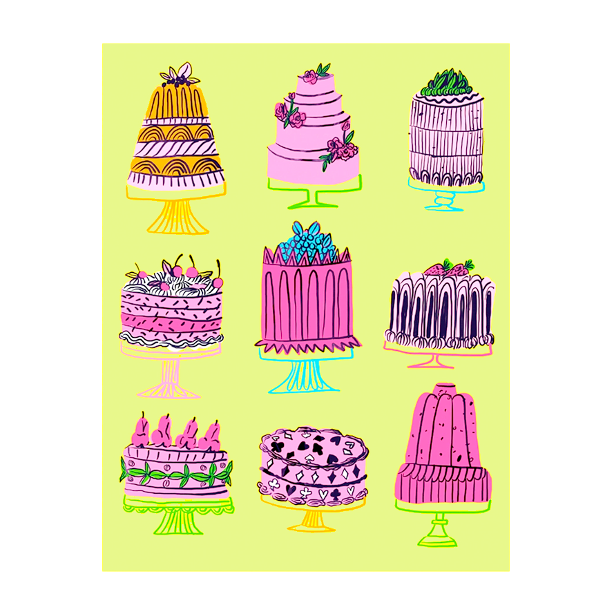 A card with a yellow background and a drawing 9 different cakes.