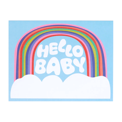 colorful rainbow arch over bubble letters HELLO BABY with a pillowy cloud underneath on a baby blue background