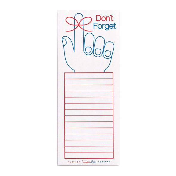 line drawing of hand with string tied around finger and the words Don't Forget above a box with lines that looks like a shirtsleeve