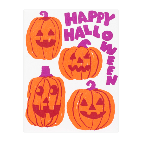 4 illustrated orange carved pumpkins with Happy Halloween in magenta text.