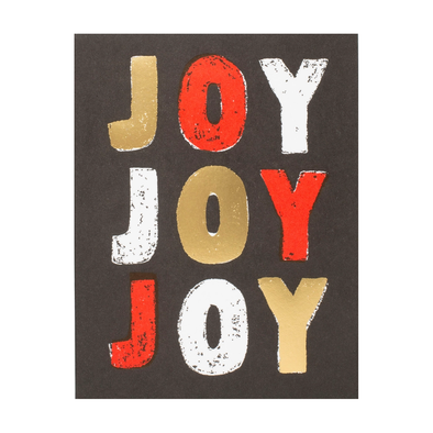 Gold, red, and white lettering of JOY JOY JOY on black background