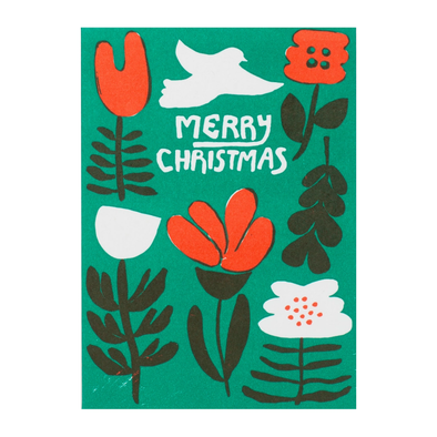 MERRY CHRISTMAS with white dove, white and red flowers on green background