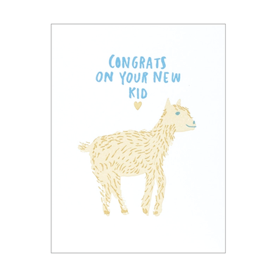 CONGRATS ON YOUR NEW KID with a small heart over a drawing of a cute baby goat