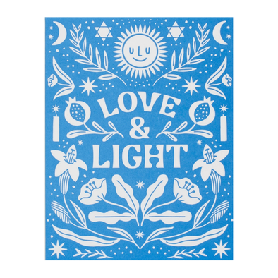 Folksy drawing of 2 stars of David around a smiling sun with flowers and candles around the words LOVE & LIGHT