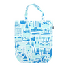 tote bag with two-tone blue pattern of drawn Helsinki landmarks