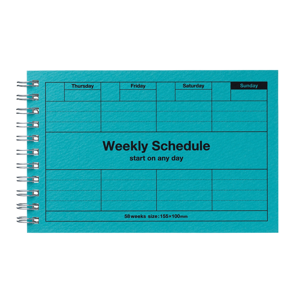 turquoise cover with black printing that is the right page weekly layout with a title in the middle: Weekly Schedule, start on any day.