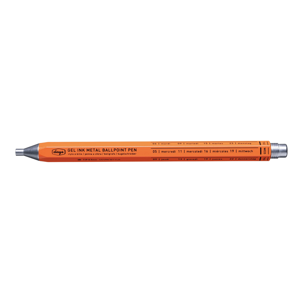 A metal orange pen with writing on it.