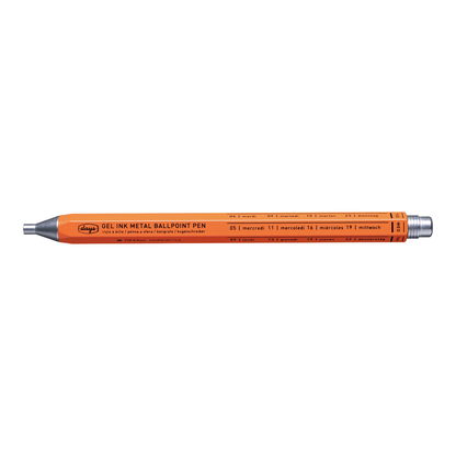 A metal orange pen with writing on it.