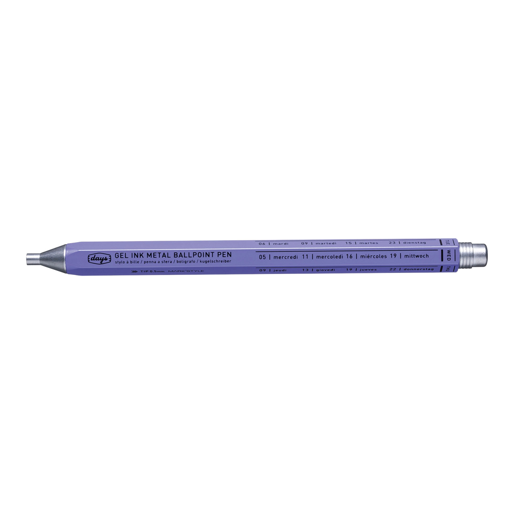 A metal purple pen with writing on it.
