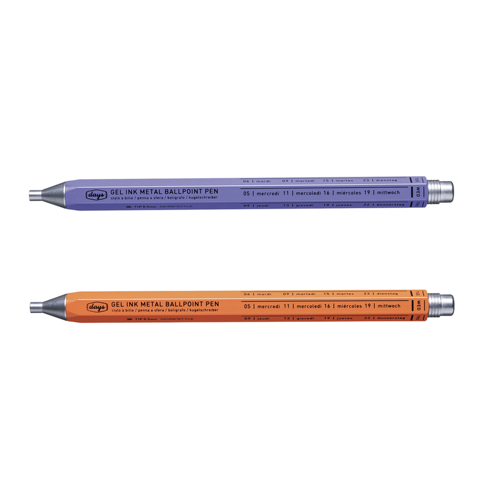 A purple pen and an orange pen.