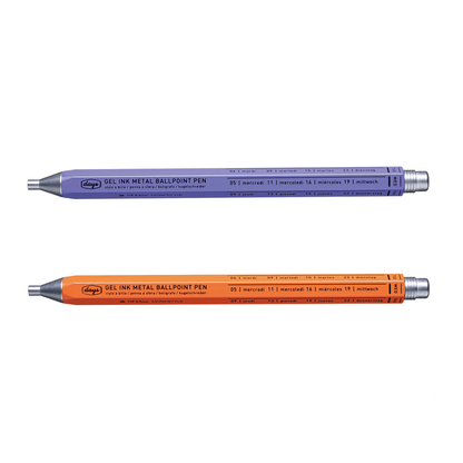A purple pen and an orange pen.