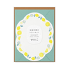 Die-cut curved sheet with a two-color border of lemons and blossoms with a teal envelope.