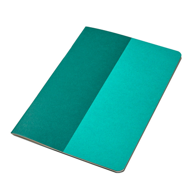 A5 notebook with rounded corners and a green cover with a bi-secting dark green block design