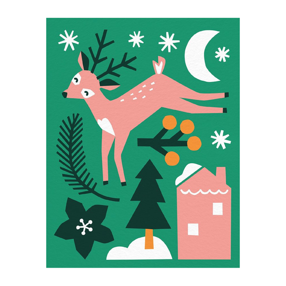 Illustration of a happy deer jumping with a cresent moon, tree, berries, and a house.