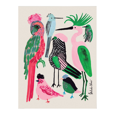 Various humorously drawn pink, green, and a blue bird.