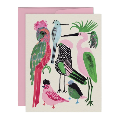 Various humorously drawn pink, green, and a blue bird.