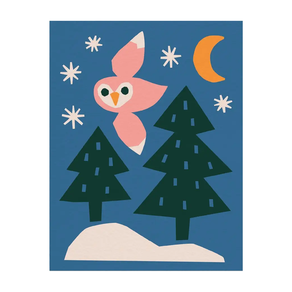 Pink owl flying in night sky over trees.