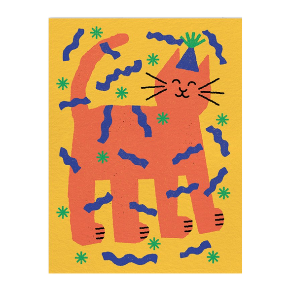 Happy orange cat with a party hat and lots of confetti.