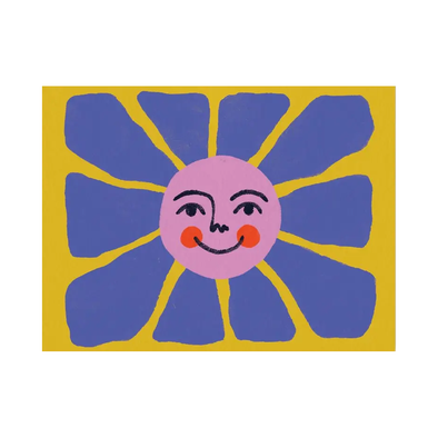 Mustard yellow background with a purple smiling sun with large rays shining like flower petals.