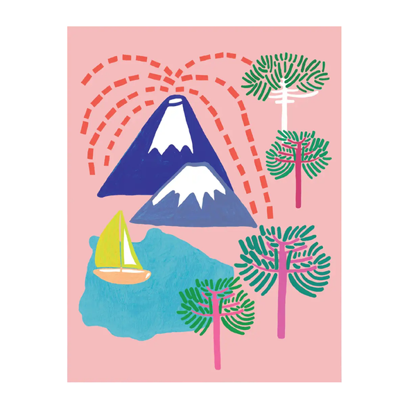 Pink background with an erupting volcano, trees, and a sailboat on a lake.