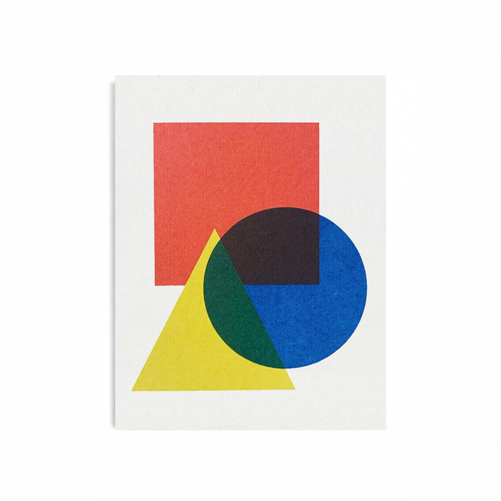 Simple image with red square and a yellow triangle on top and a blue circle overlapping