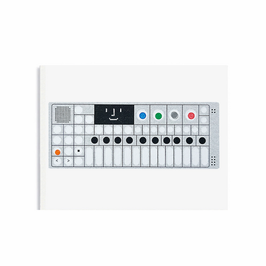 Simple keyboard image of a gray rectangle with with circles in a black grid as well as a small black circles for a speaker area and a larger black rectangle with a white smile in it
