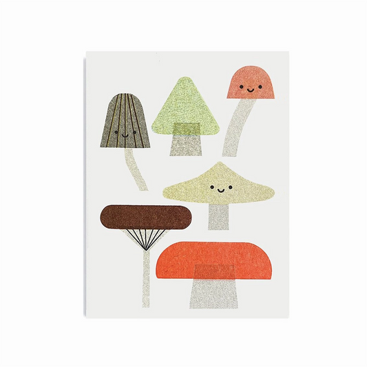Simple image of mushroom shaped objects of dark brown, red, green, gray, and orange colors and three of them have a simple face made from two black dots for eyes and a line for as mile