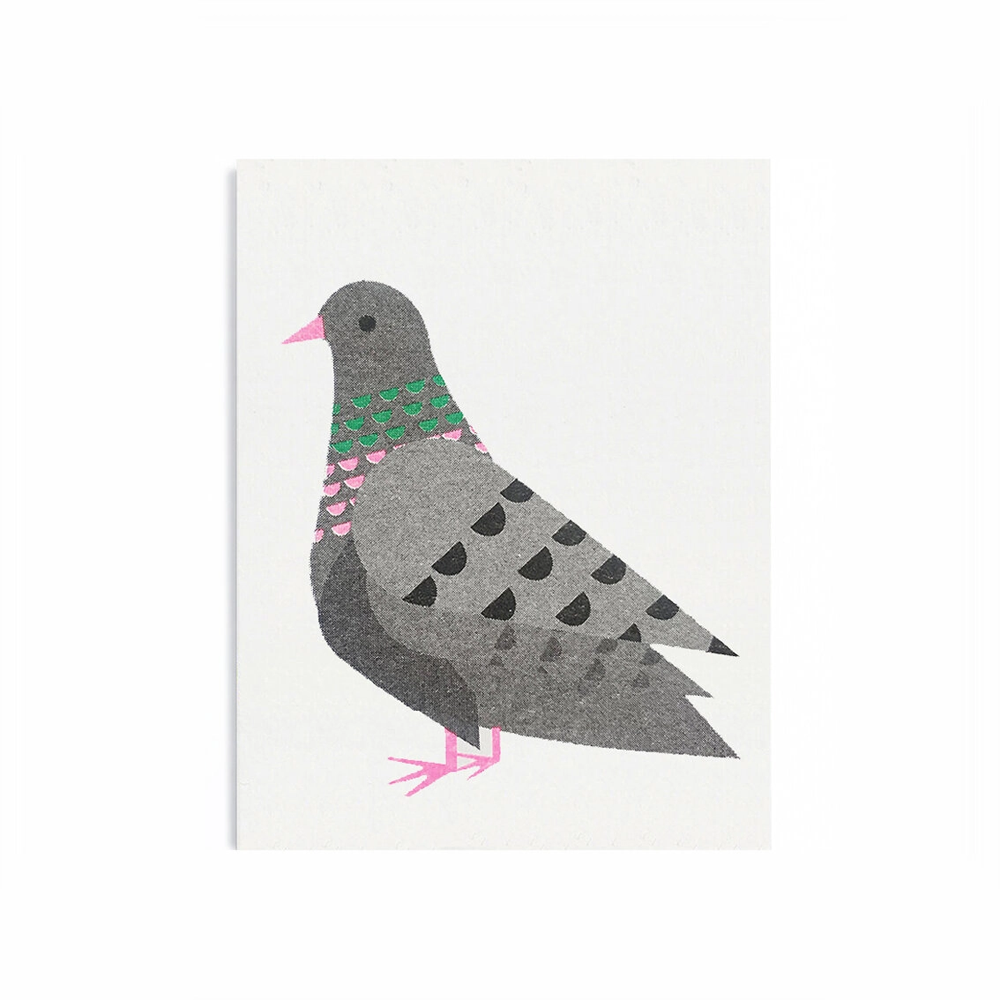 simple pigeon image shown in profile and made with gray tones and black half-circles on its wing and green and pink half circles around its neck and a pink beak and feet 