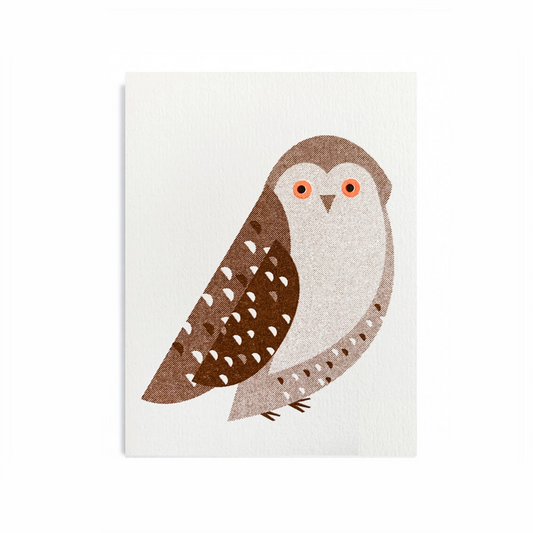 simple own image made of brown tones with white and brown half-circles on the feathers and a brown triangle beak and orange and black eyes
