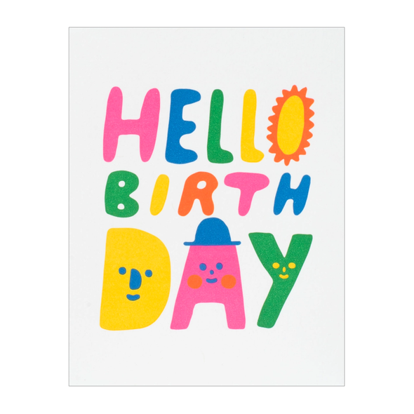 Multi-color text reading HELLO BIRTH DAY with faces in the letters for DAY.