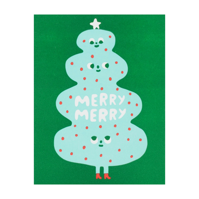 Curvy light blue Christmas tree wearing boots  with 3 sets of playful eyes looking out