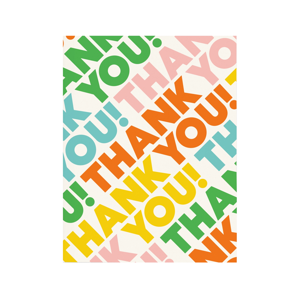 Greeting card with the words "Thank You!" written repeating in different colors of green, pink, blue, red, and yellow.