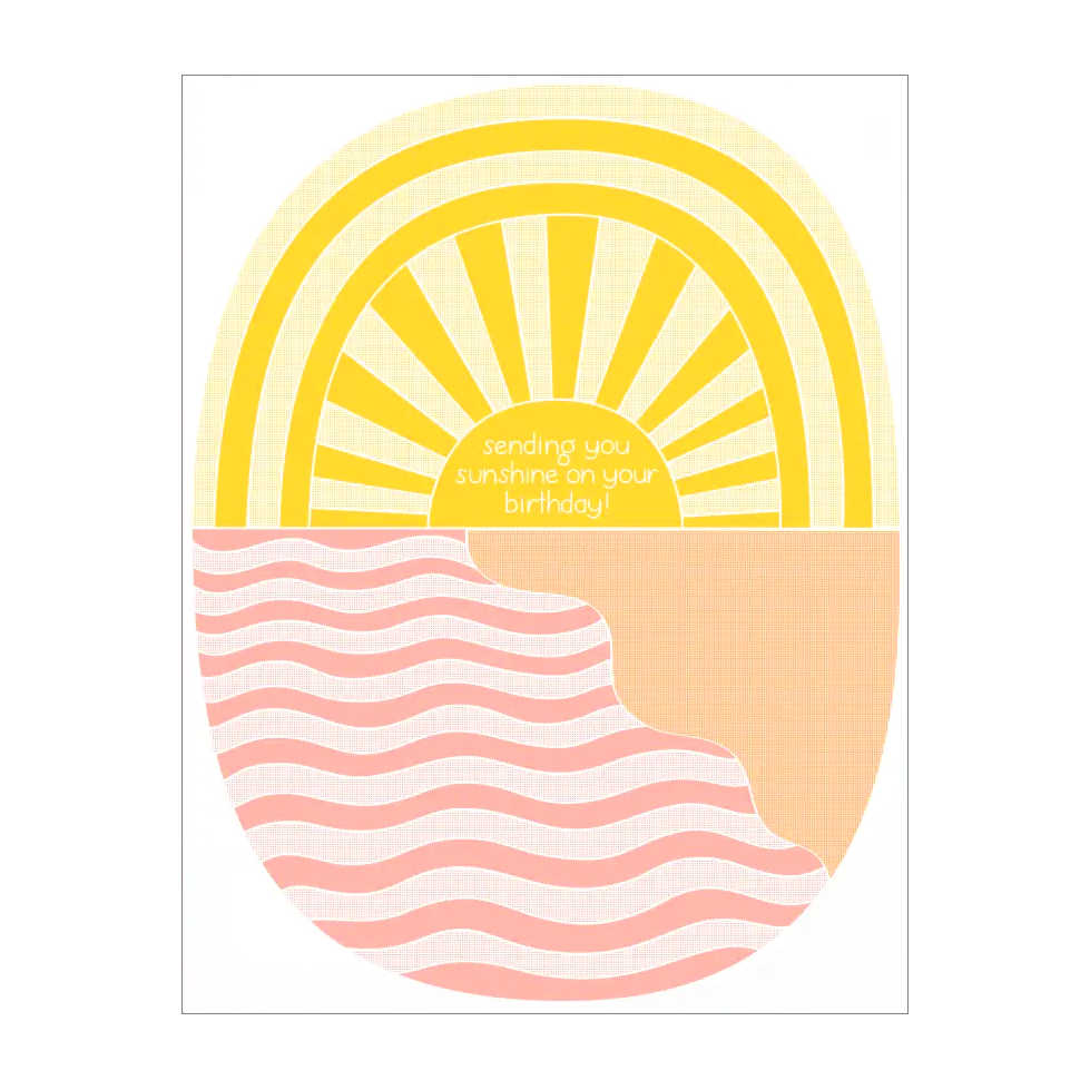 yellow sun over pink waves with the text sending you sunshine on your birthday!
