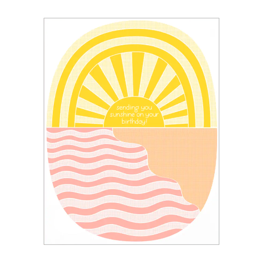 yellow sun over pink waves with the text sending you sunshine on your birthday!