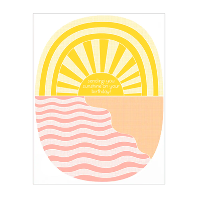 yellow sun over pink waves with the text sending you sunshine on your birthday!