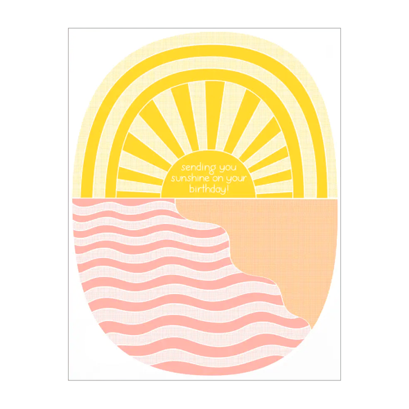 yellow sun over pink waves with the text sending you sunshine on your birthday!